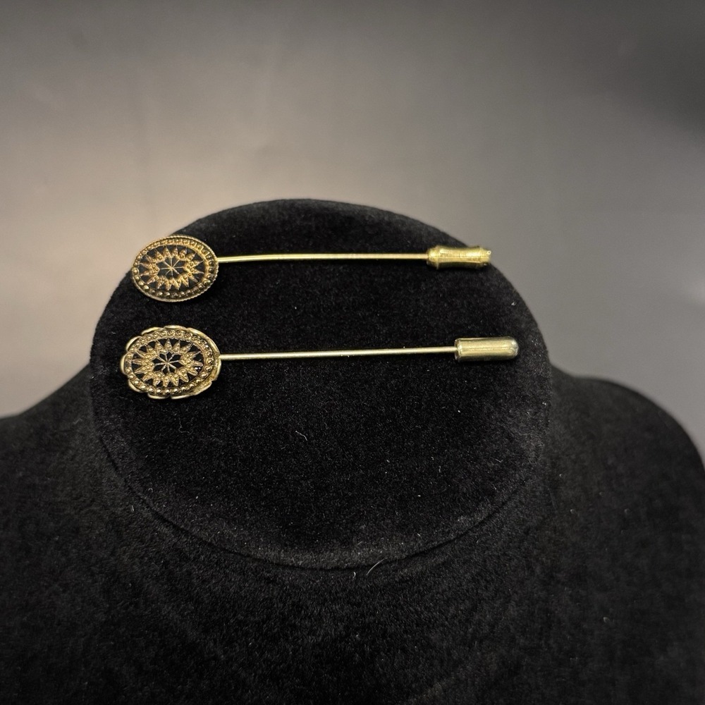 Vintage Costume Jewelry Ladies Lapel Tie Hat Pin Oval Gold Tone Black Stones 2pc